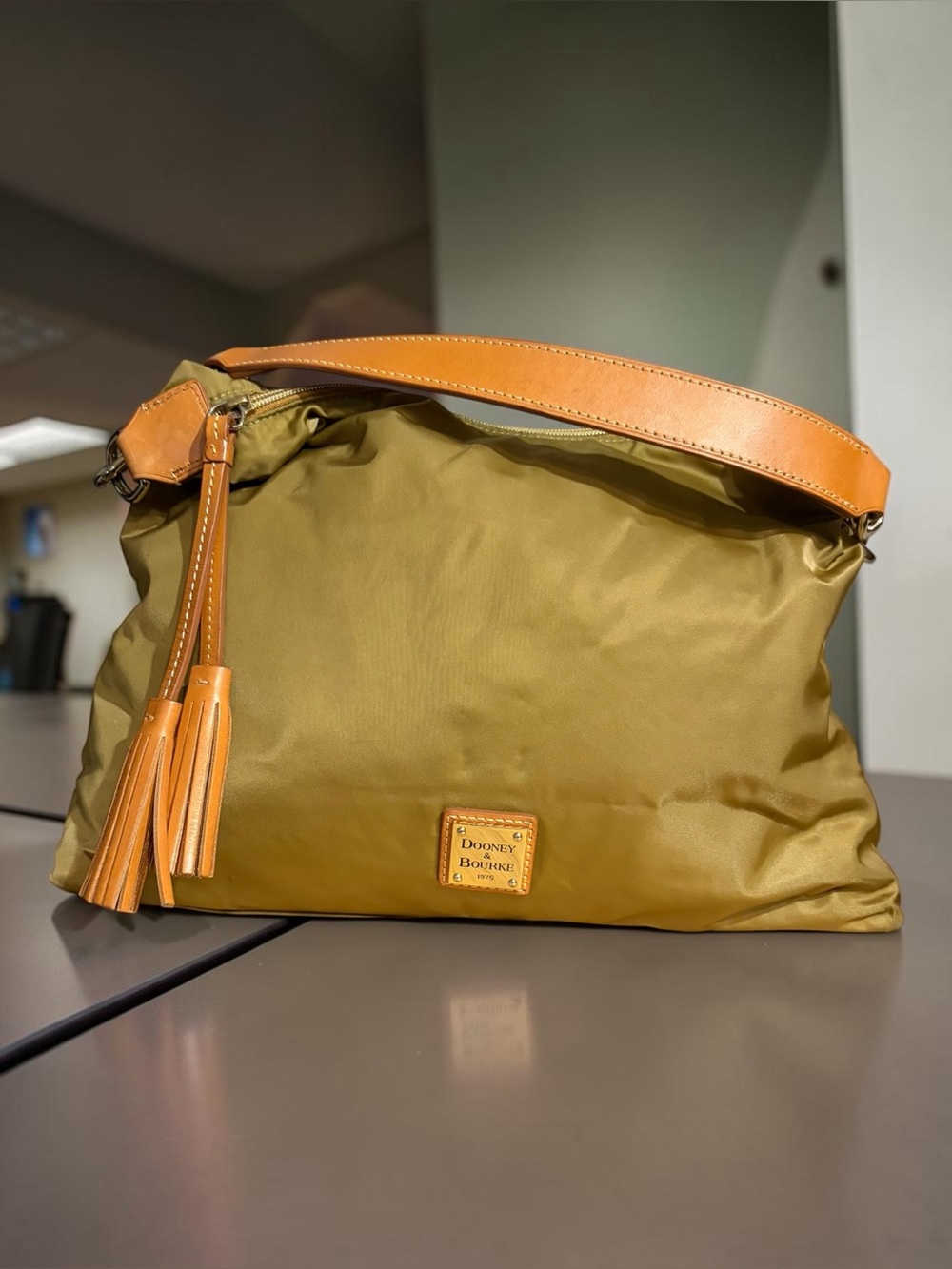 Dooney & Bourke Olive Nylon Shoulder Bag with Tan Leather Trim